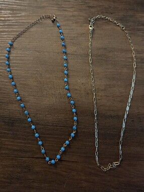 Lot Of 2- Necklaces, Paperclip Style Gold Tone, Turquiose Type Bead Necklace